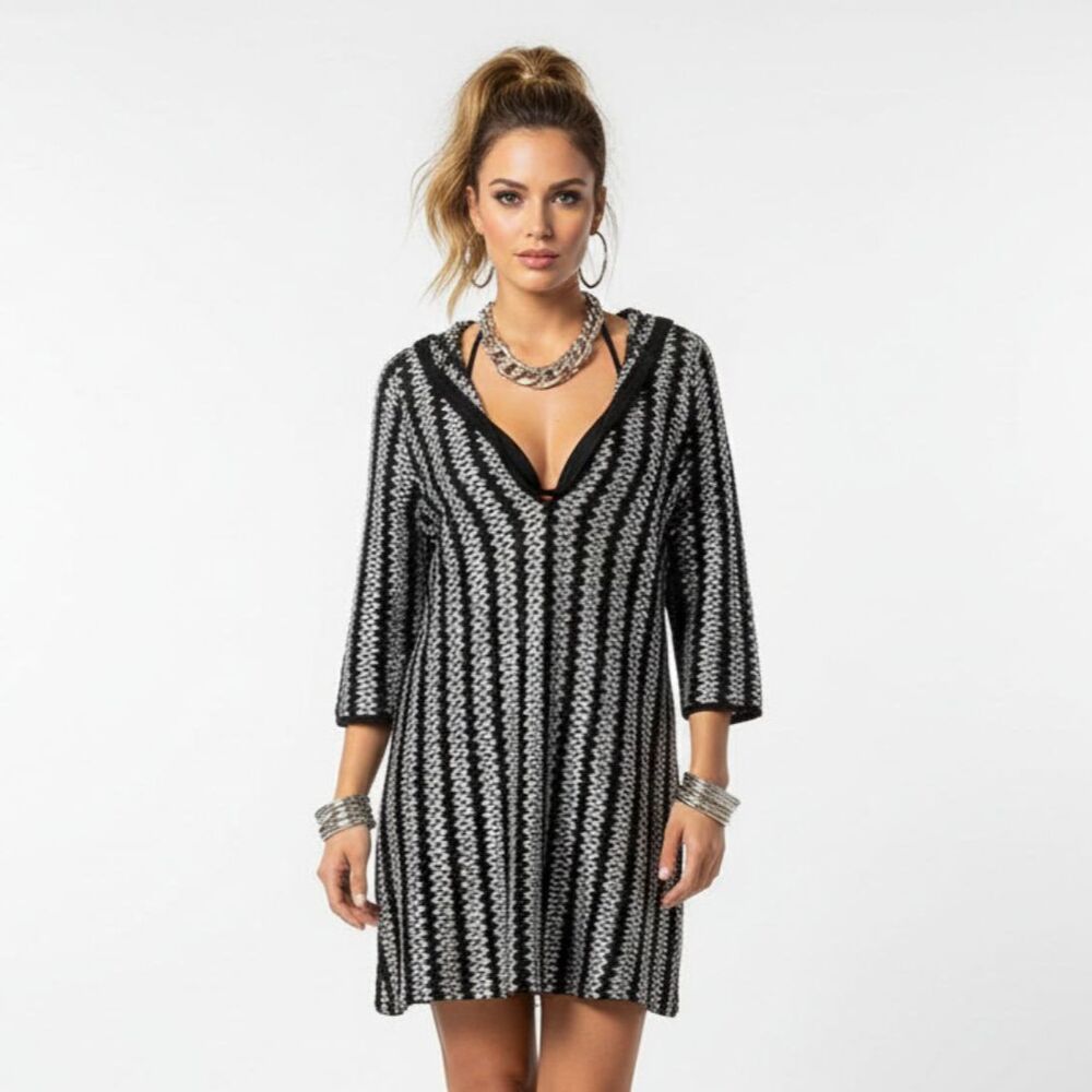 Dream Beach Gray & Black Long Sleeve Hoody Swim Bathing Suit Cover Up Dress L